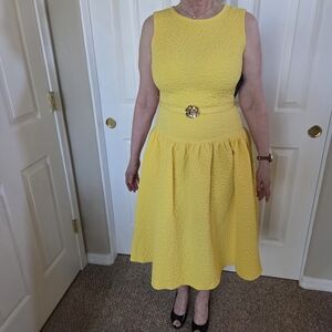 Karl Lagerfeld Yellow Textured Midi Dress with Waist Detail NWT